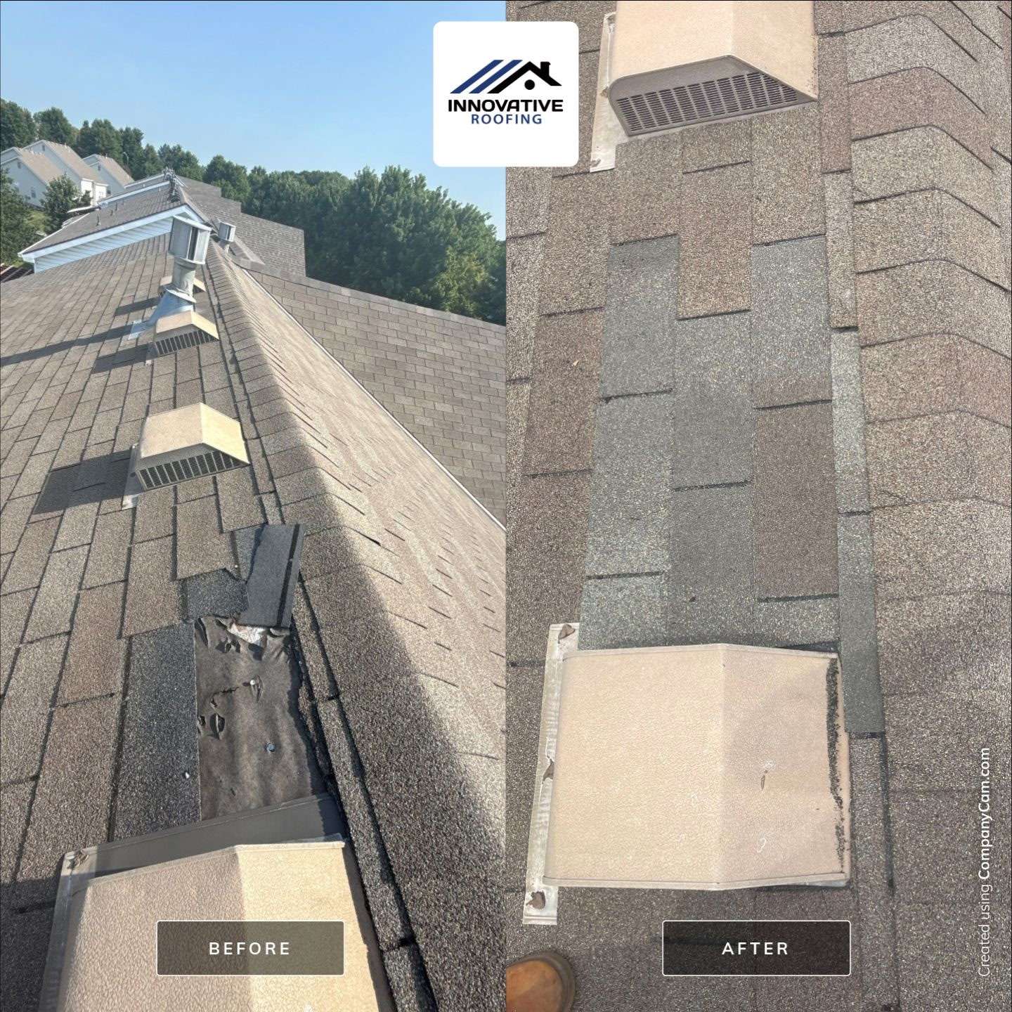 Before and after of a shingle repair around a roof vent — missing shingles replaced to seal the area