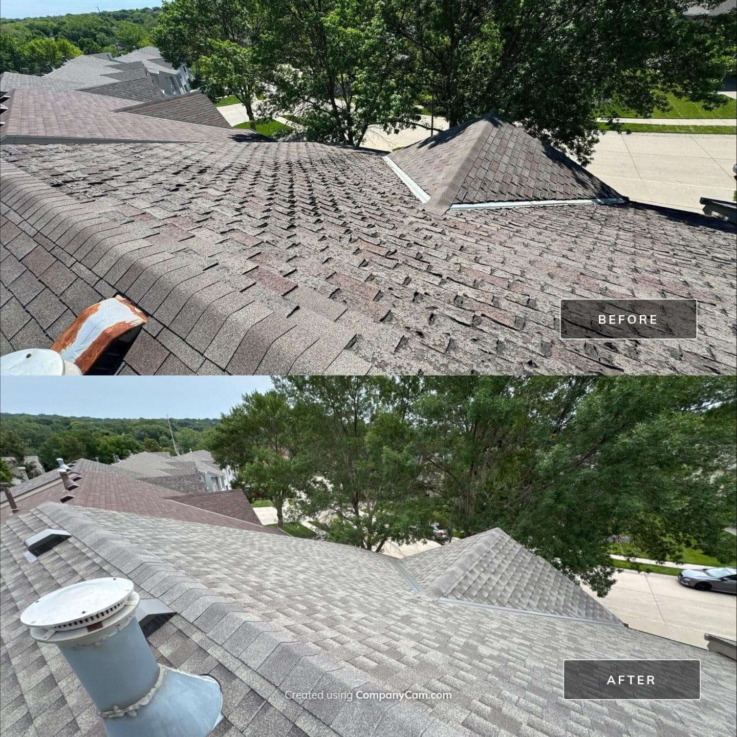 Before and after roof close-up — curled worn shingles and rusted vent replaced with new architectural shingles and a new vent