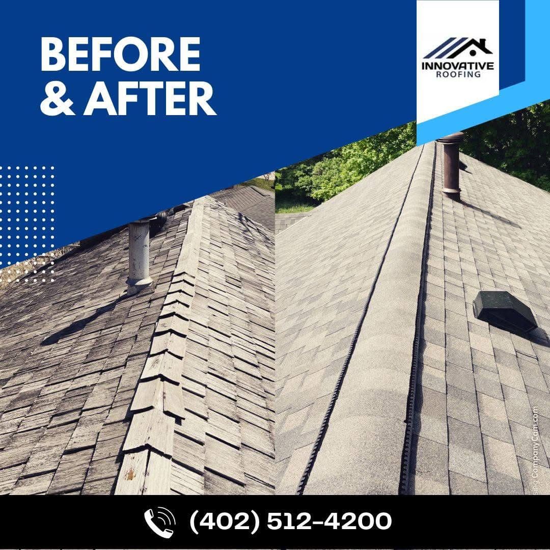 Before and after comparing weathered wood shake roof to a new light gray asphalt shingle roof with ridge vent