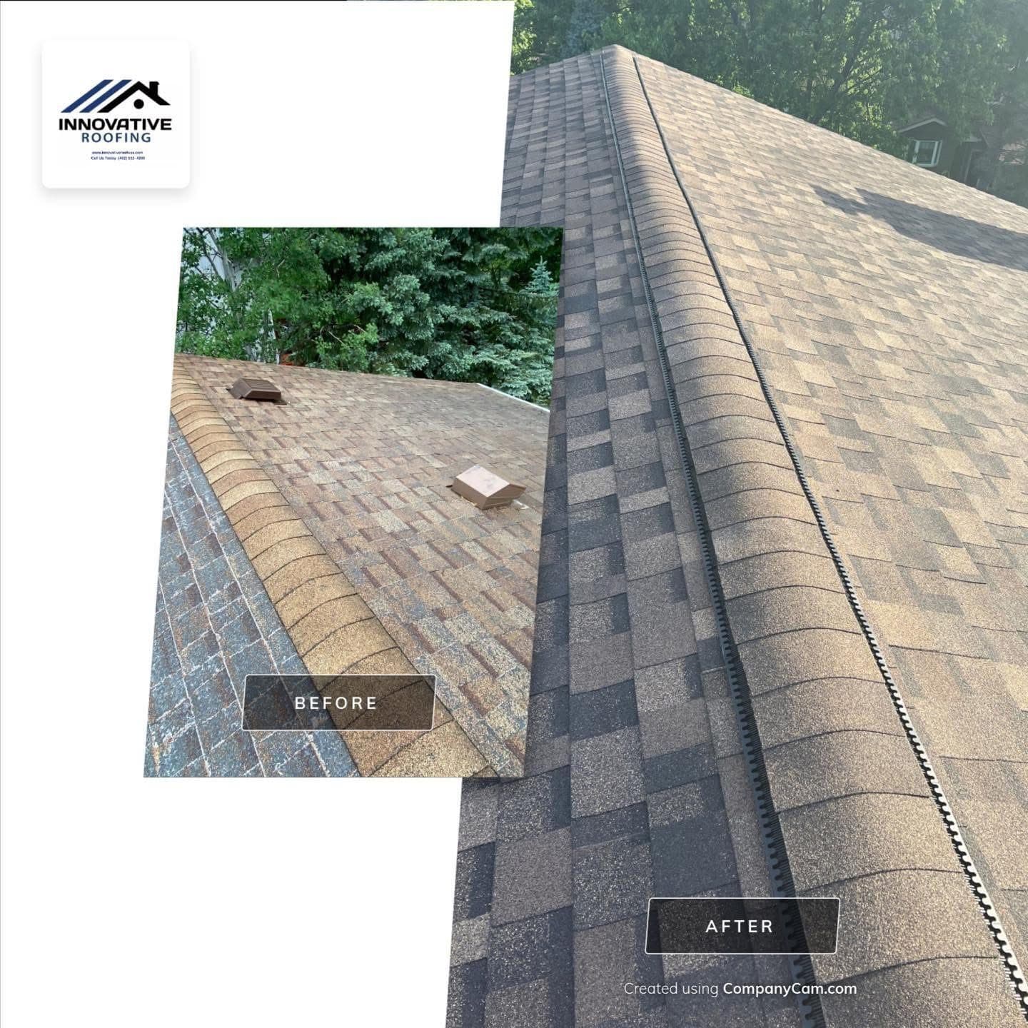 Before and after ridge comparison — old box vents replaced with new architectural shingles and a continuous ridge vent