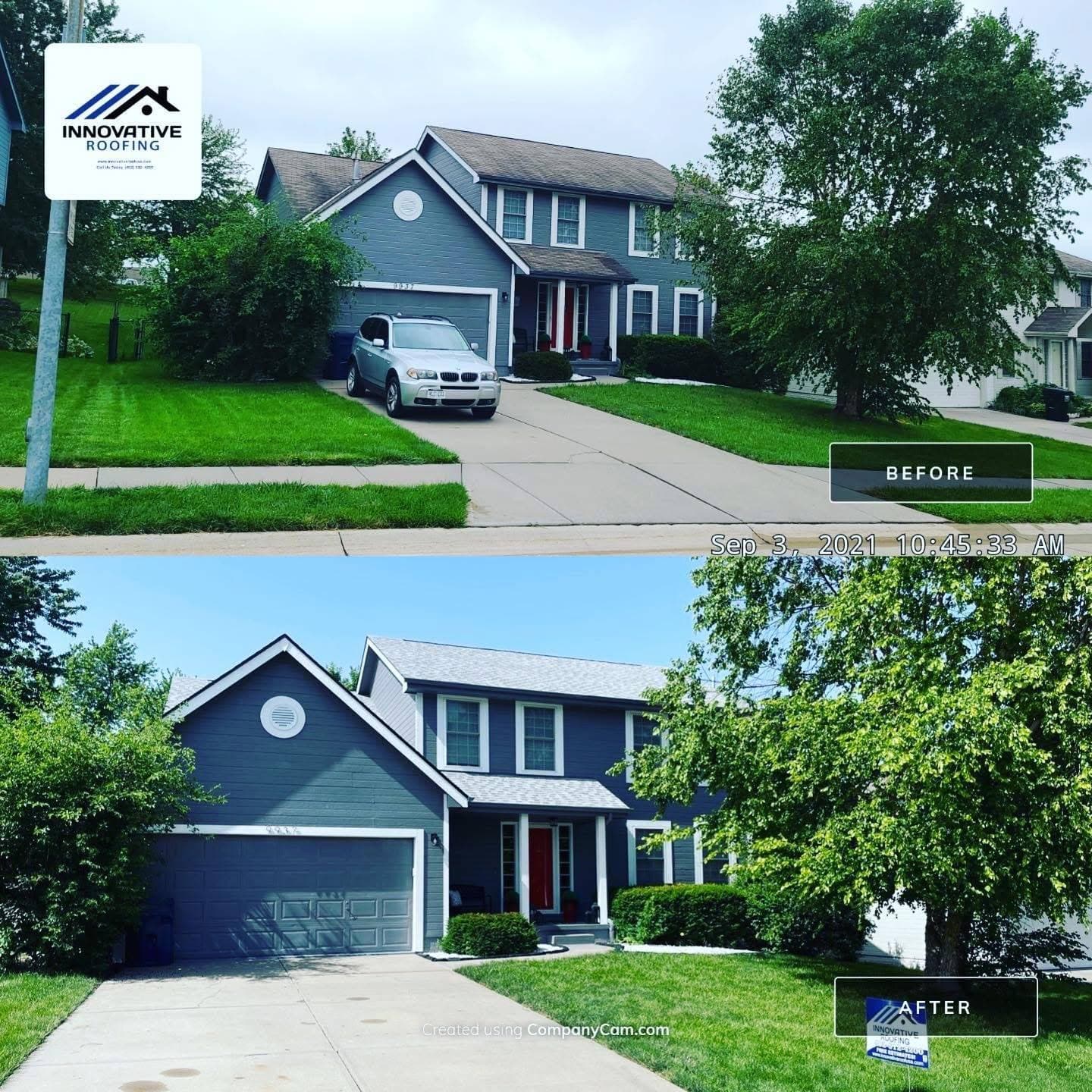 Before and after of a two-story blue-gray home — dark weathered roof replaced with light gray architectural shingles