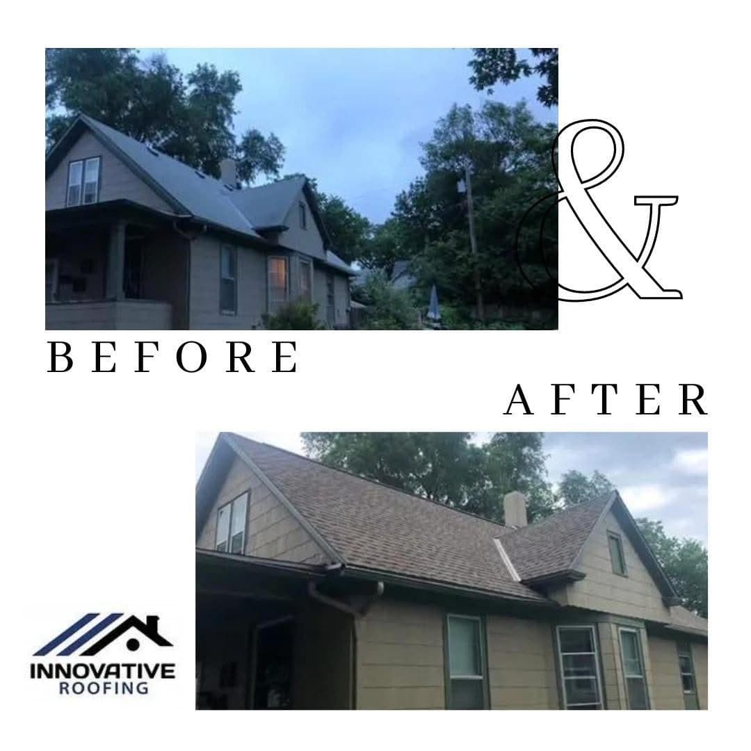 Before and after of a tan two-story home with a refreshed light brown shingle roof