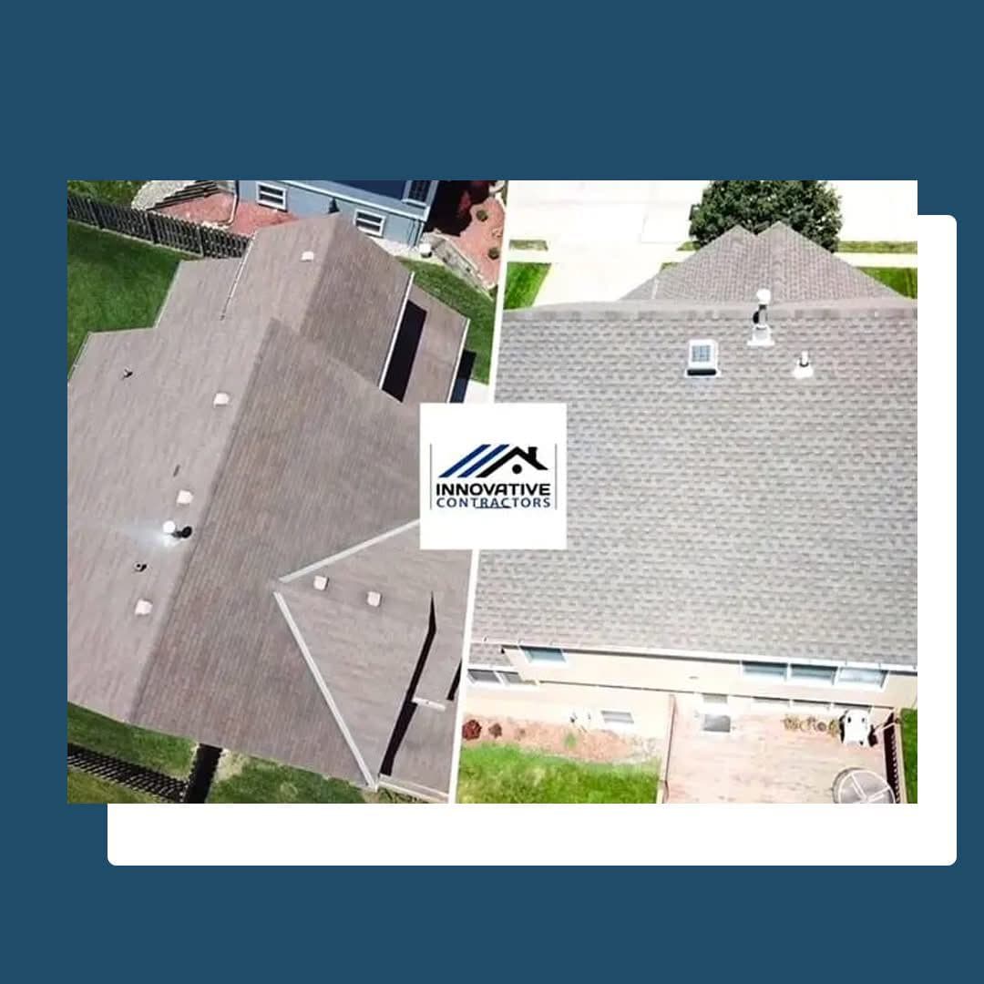Aerial collage of a residential roof project showing finished architectural shingles and vents