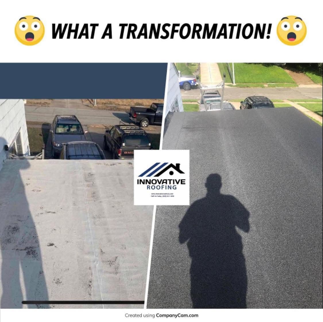 Before and after of a flat roof — worn light surface replaced with a new dark textured membrane
