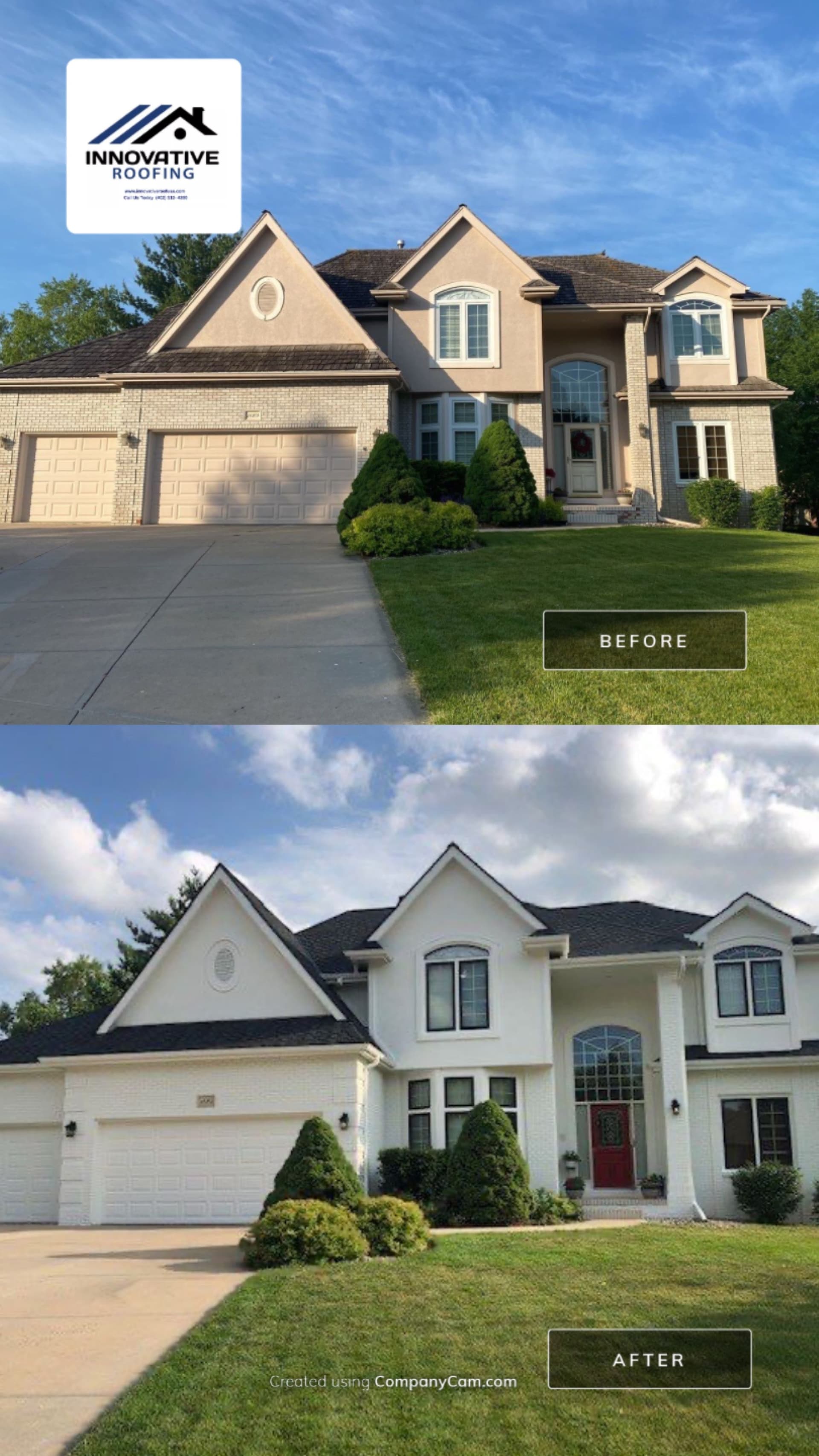 Before and after of a ranch home — asphalt shingles replaced with a premium dark tile-style roof
