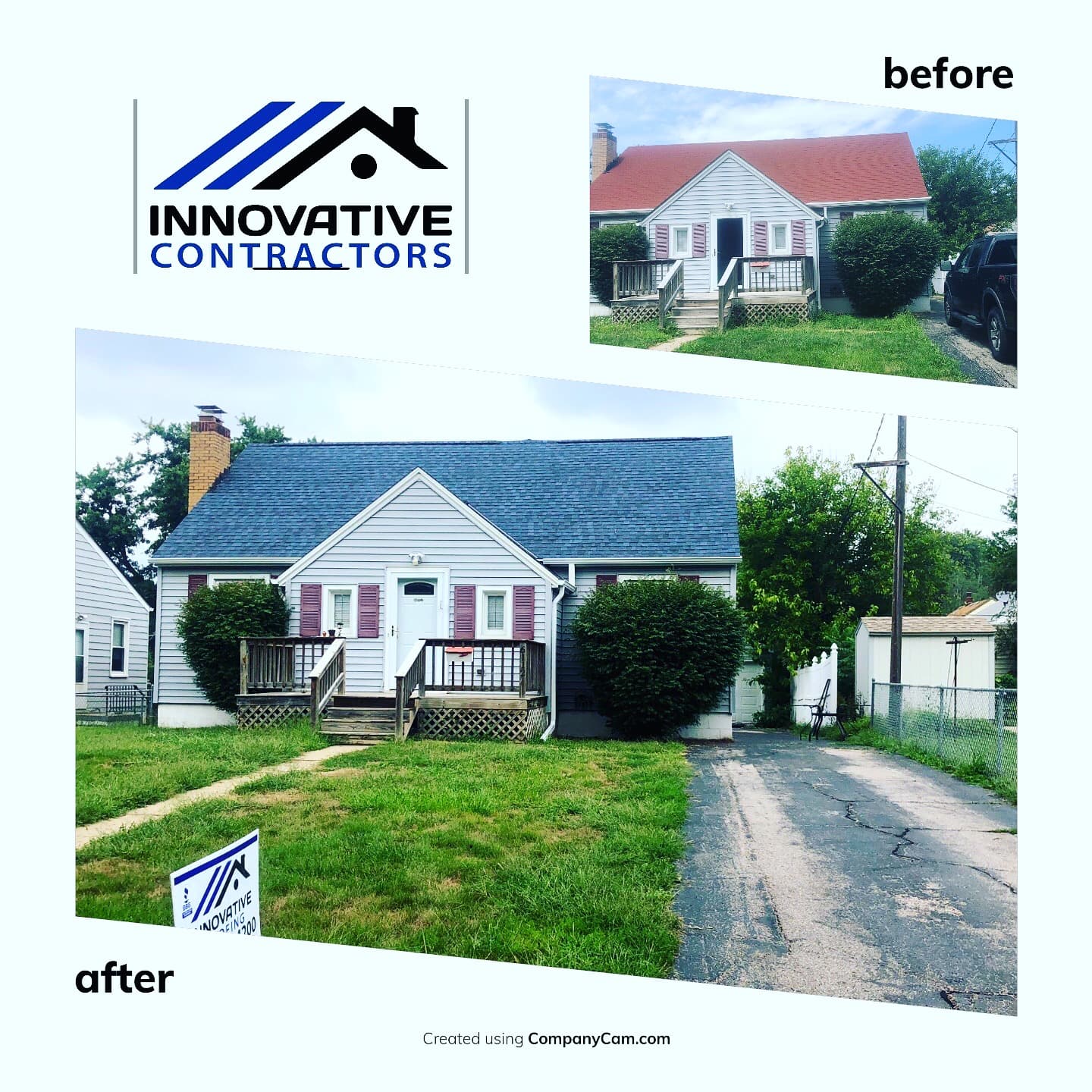 Before and after of a home roof replacement — faded red shingles replaced with a new dark gray roof