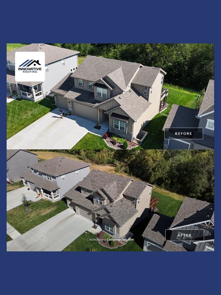 Aerial before and after of a tan two-story home — light roof replaced with new dark architectural shingles