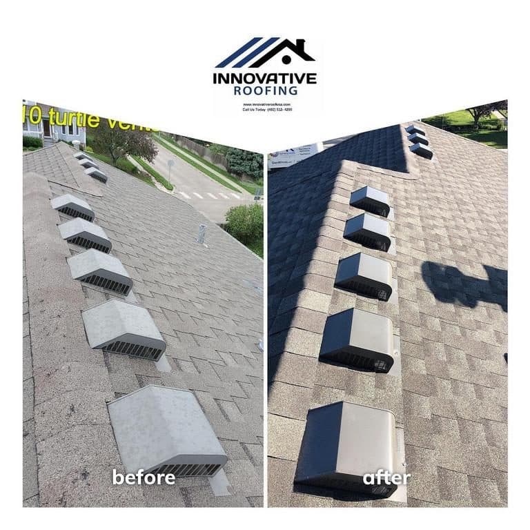 Before-and-after composite of a long roof section replacing old box vents with new shingles and vents