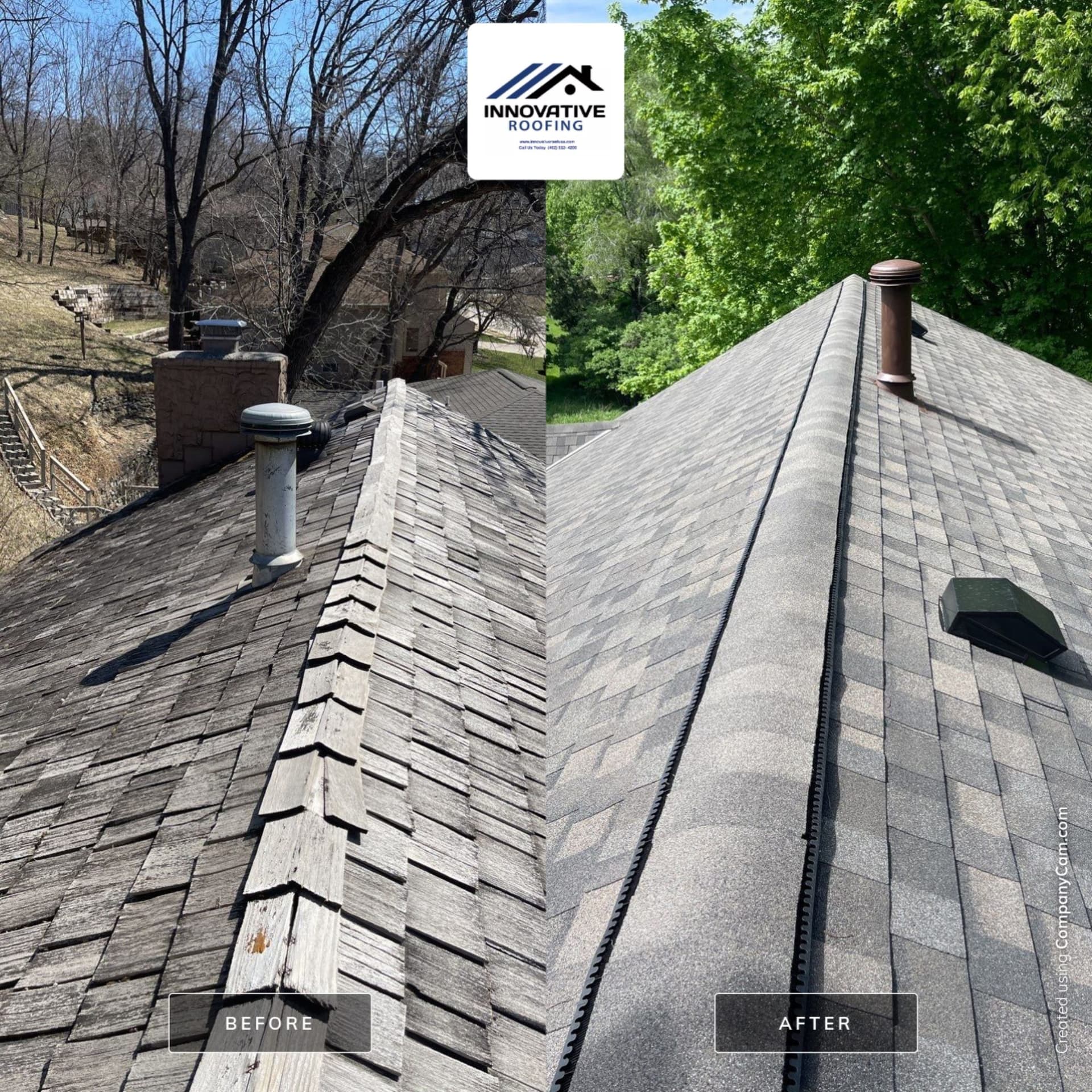 Before-and-after ridge comparison showing worn brown shingles versus new gray shingles with Innovative Roofing branding
