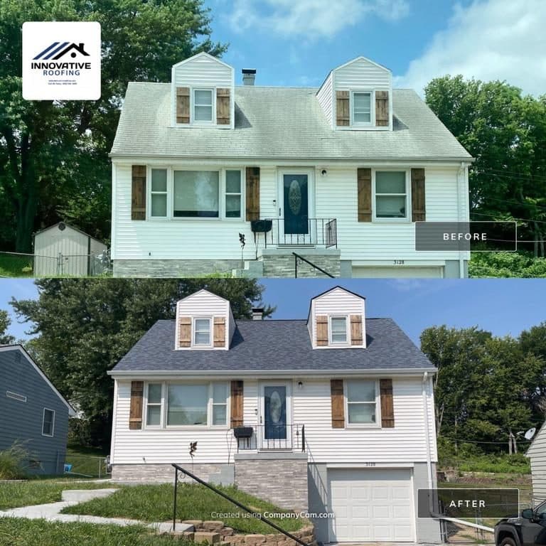 Before-and-after composite of a white two-story home showing old roof versus new gray roof