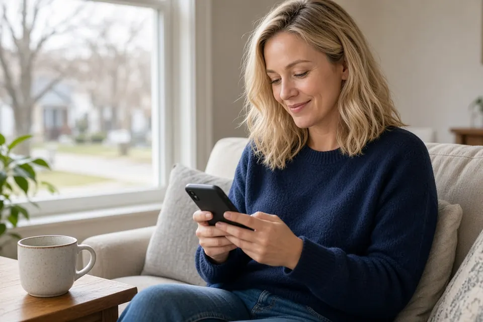 Homeowner on her couch requesting a roof estimate on her phone