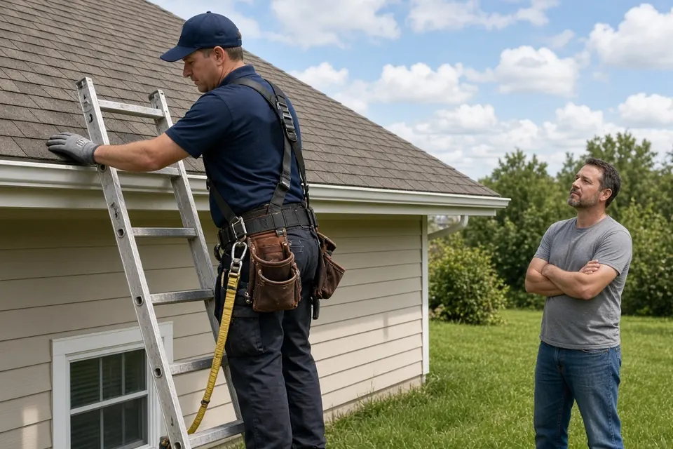 Roofing inspector on a ladder checking shingles while the homeowner looks on