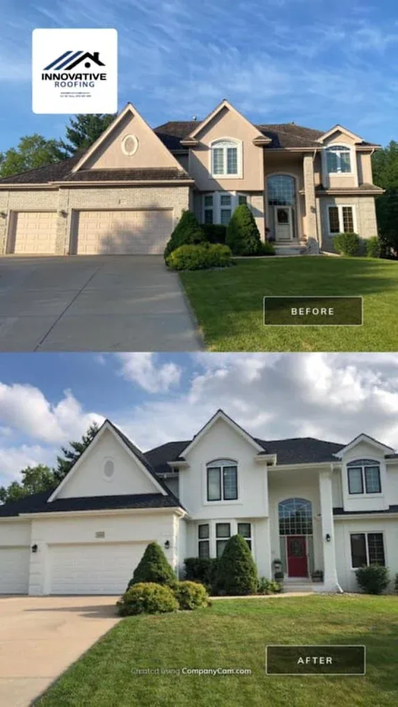 Before and after roof replacement on a two-story Midwest home by Innovative Roofing