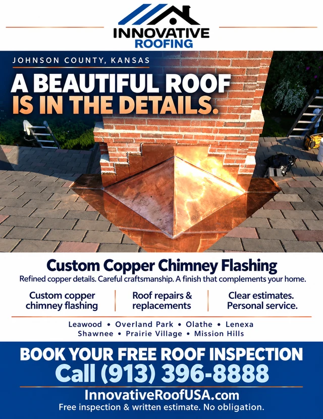 Custom copper chimney cricket flashing on a brick chimney by Innovative Roofing in Johnson County, Kansas